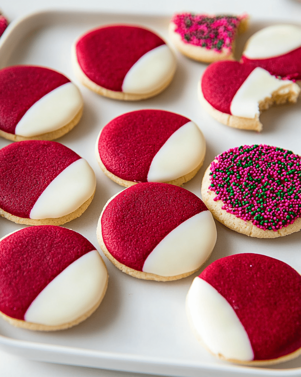 Red Velvet Shortbread Cookies Dipped in White Chocolate