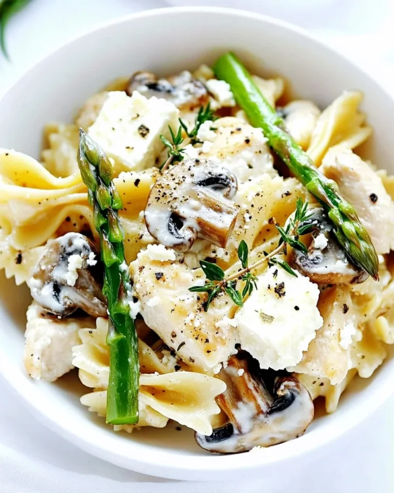 Creamy Goat Cheese Pasta With Chicken Asparagus and Mushrooms