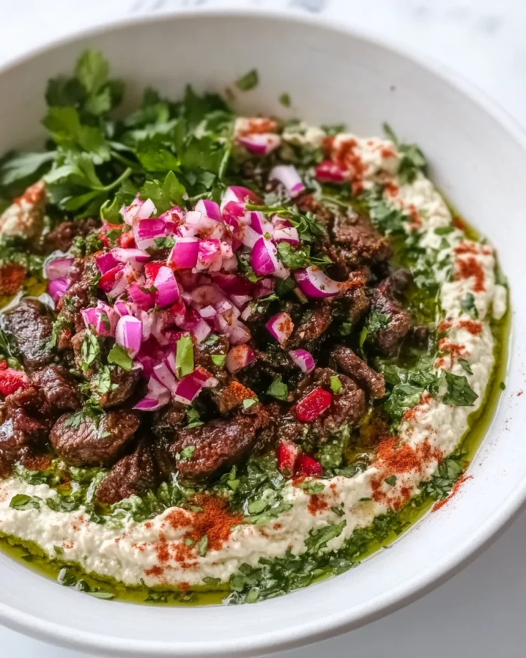 Savory Wild Garlic Hummus with Juicy Harissa Beef