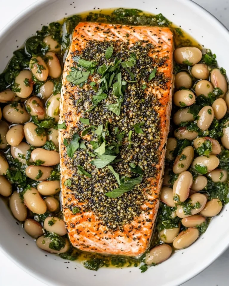 Zaatar Salmon with Flavorful Herby Butter Beans